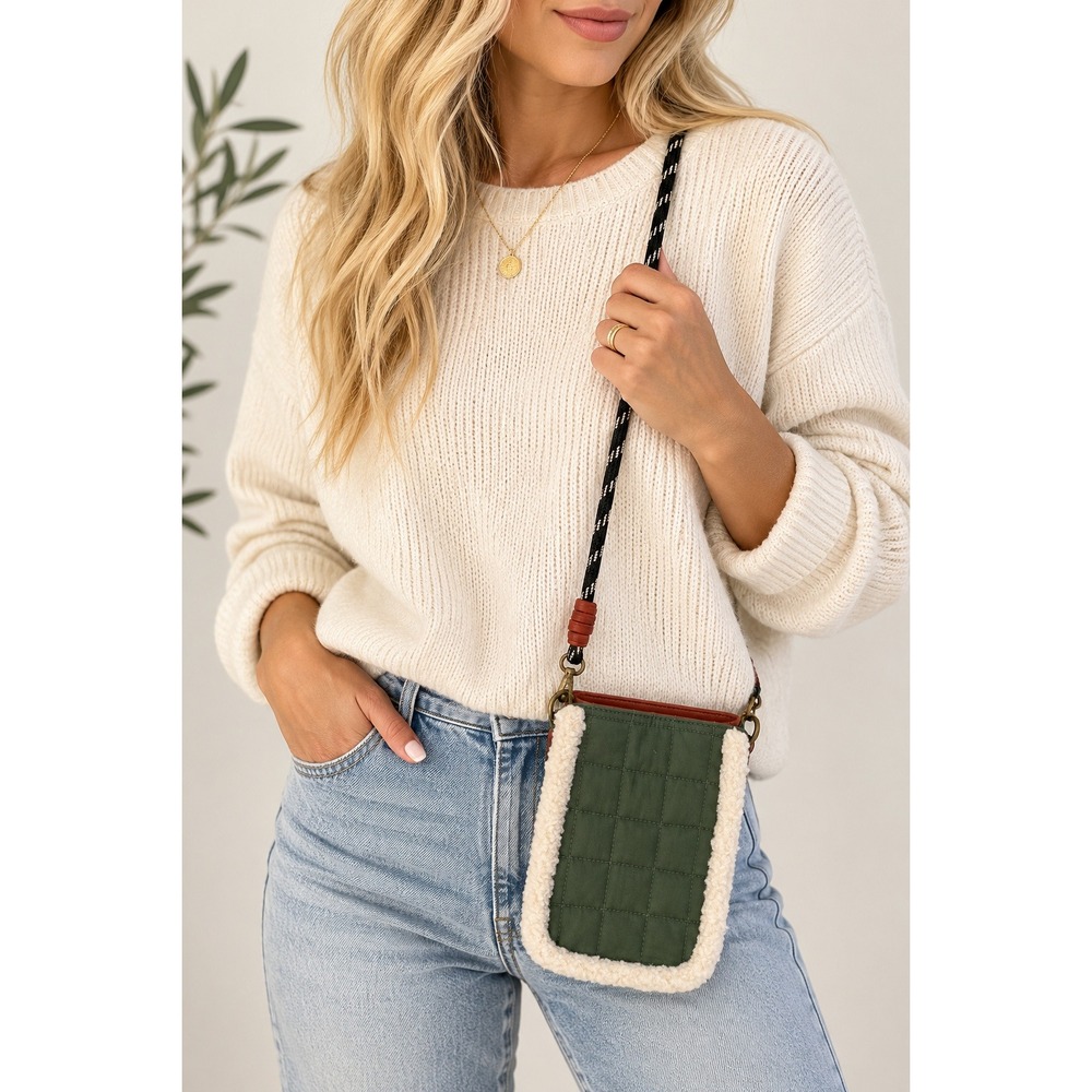 Olive Green Quilted Sherpa Trim Crossbody Bag Mini Phone Purse Outdoor Utility